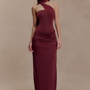 Mattea Slinky And Mesh Maxi Dress With Scarf - Burgundy