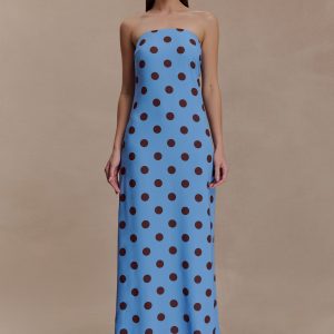 Amaya Strapless Chiffon Maxi Dress - Blue Polka Dot