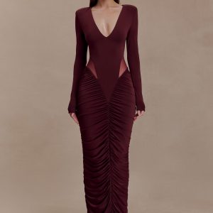 Louanne Slinky Long Sleeve Maxi Dress - Burgundy