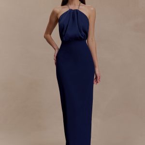 Elina Satin Necklace Maxi Dress - Navy