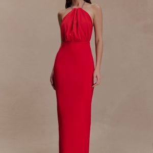 Elina Satin Necklace Maxi Dress - Red