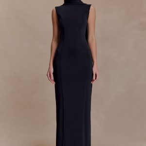 Wisteria Slinky Maxi Dress With Scarf - Black