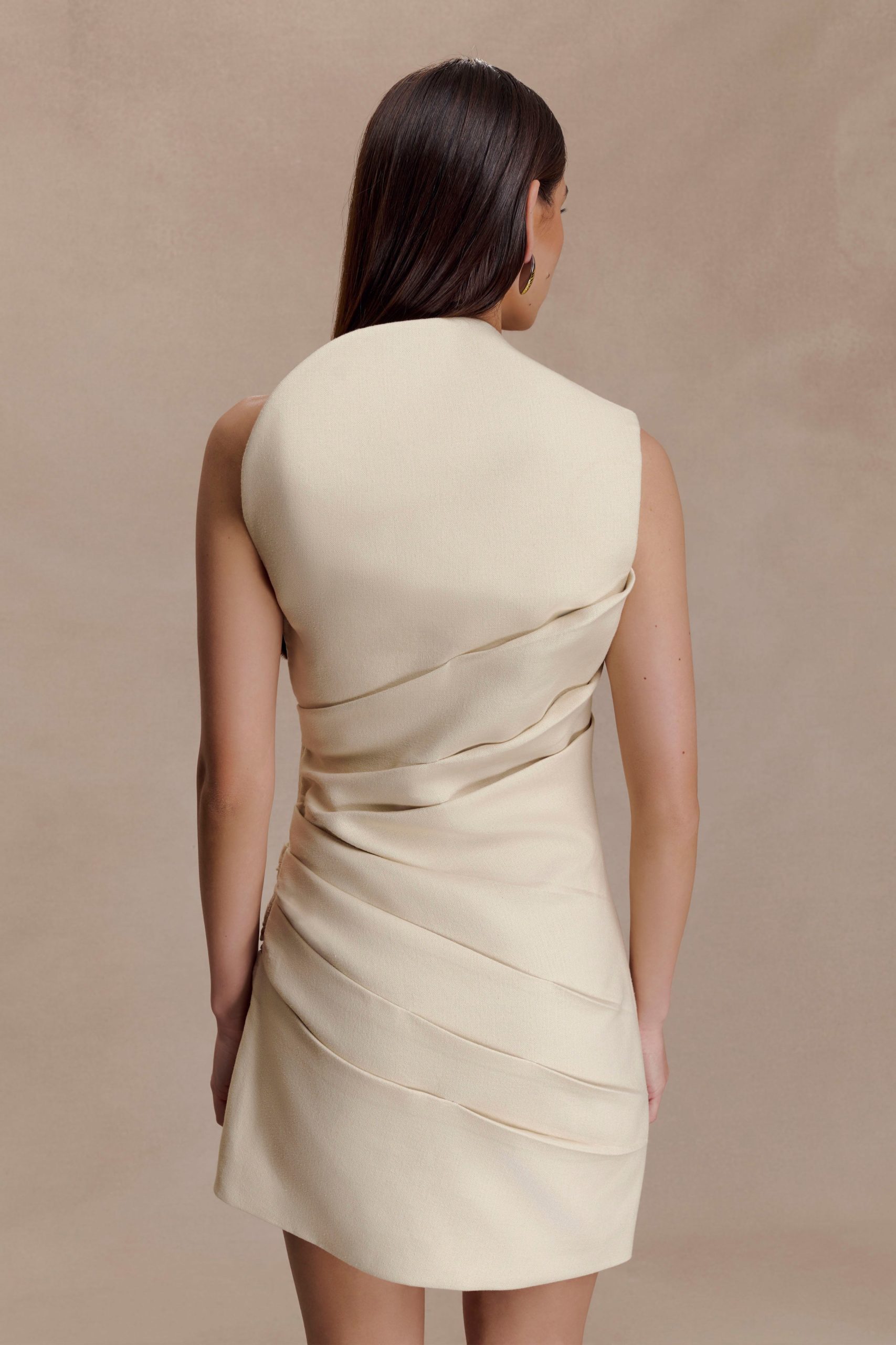 Helena One Shoulder Linen Mini Dress - Natural Beige - Image 5