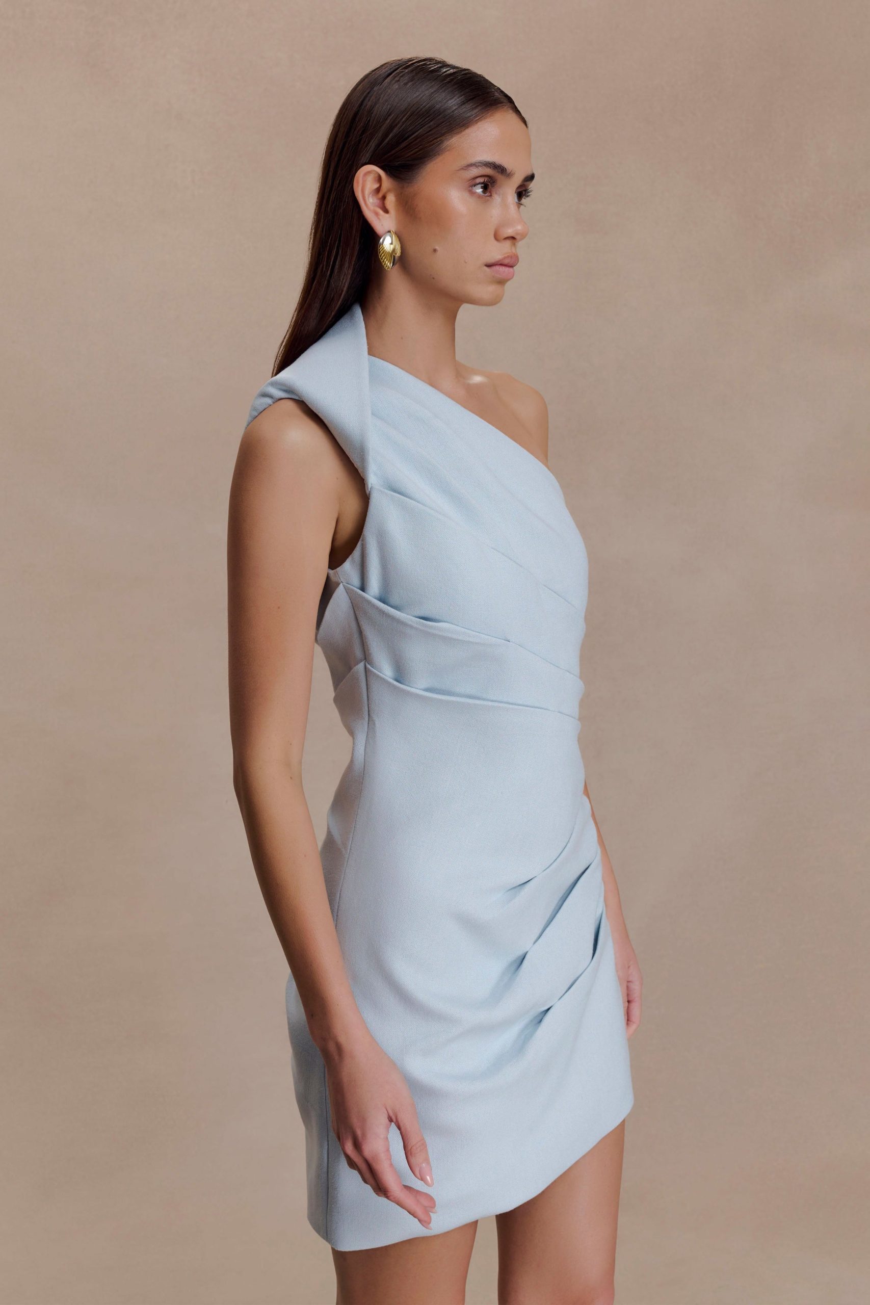 Helena One Shoulder Linen Mini Dress - Powder Blue - Image 7