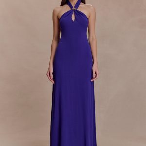 Ozias Halter Semi Sheer Knit Maxi Dress - Deep Purple