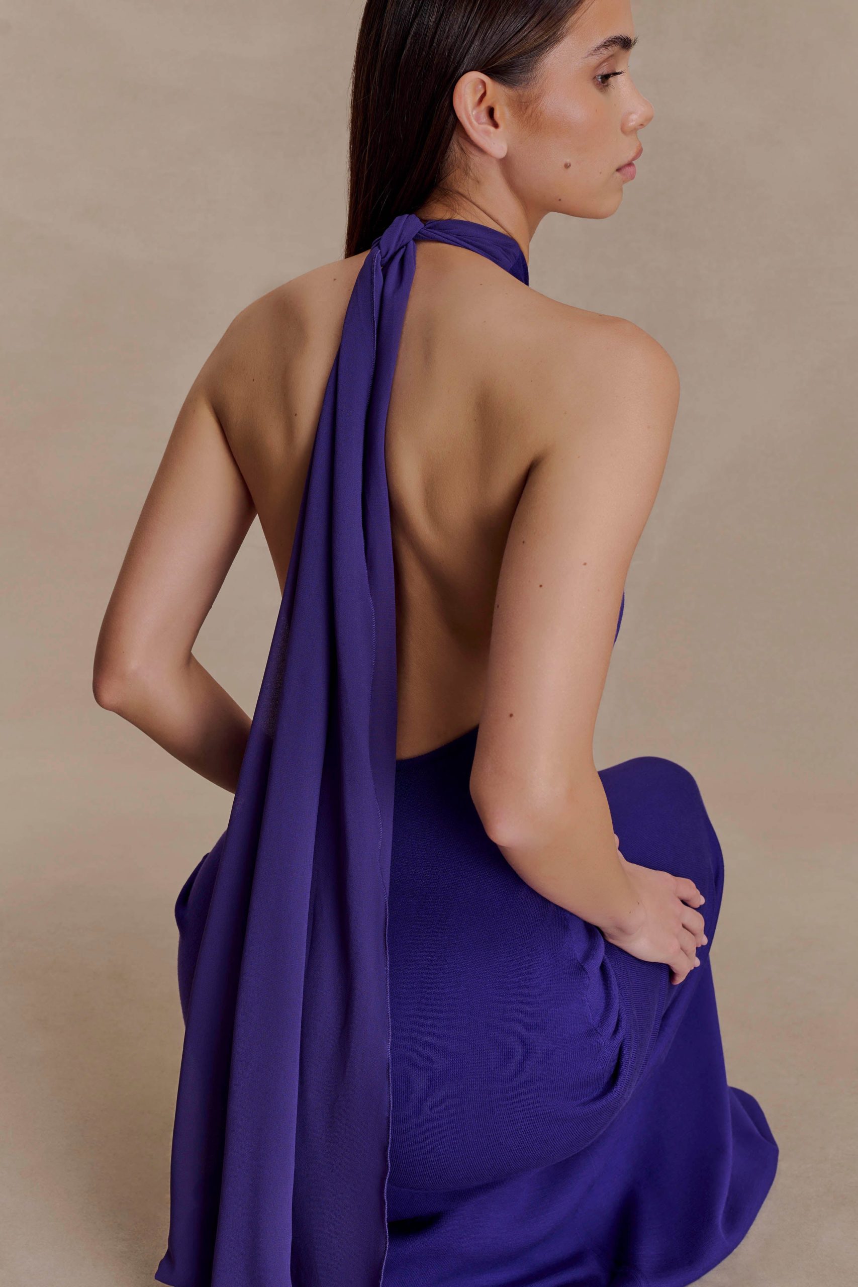 Ozias Halter Semi Sheer Knit Maxi Dress - Deep Purple - Image 3