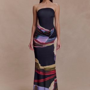 Madison Strapless Slinky Maxi Dress - Multi Fluid Reverie Print