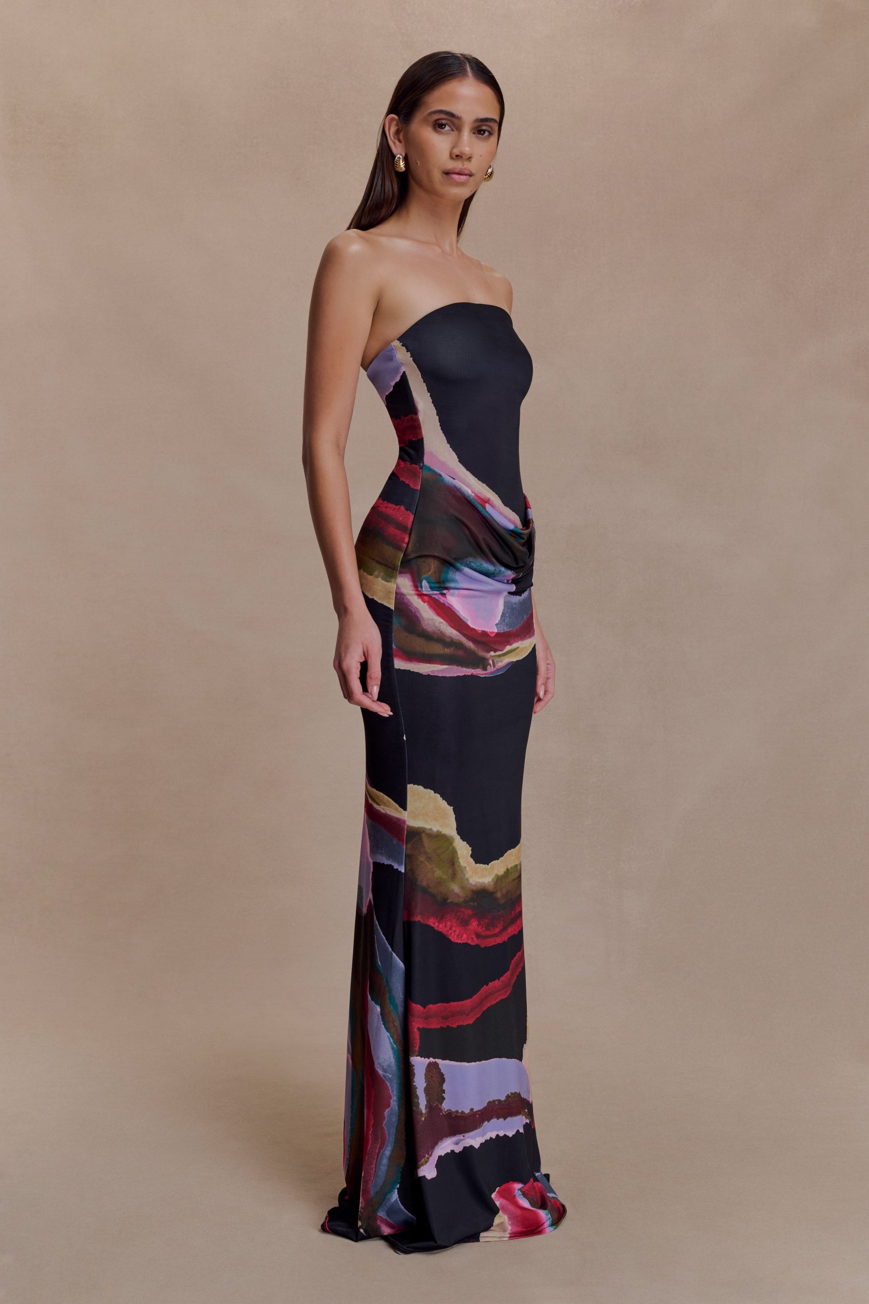 Madison Strapless Slinky Maxi Dress - Multi Fluid Reverie Print - Image 4