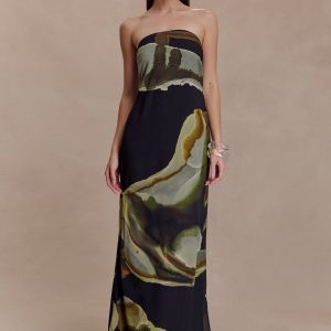 Amaya Strapless Chiffon Maxi Dress - Green Fluid Reverie Print