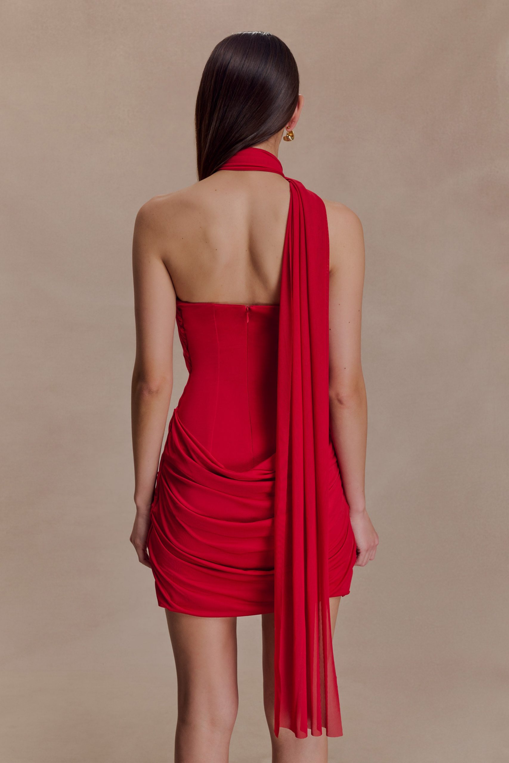 Mattea Slinky And Mesh Mini Dress With Scarf - Red - Image 2