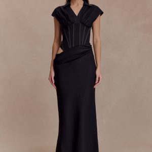 Saphira Shirt Corset Maxi Dress - Black