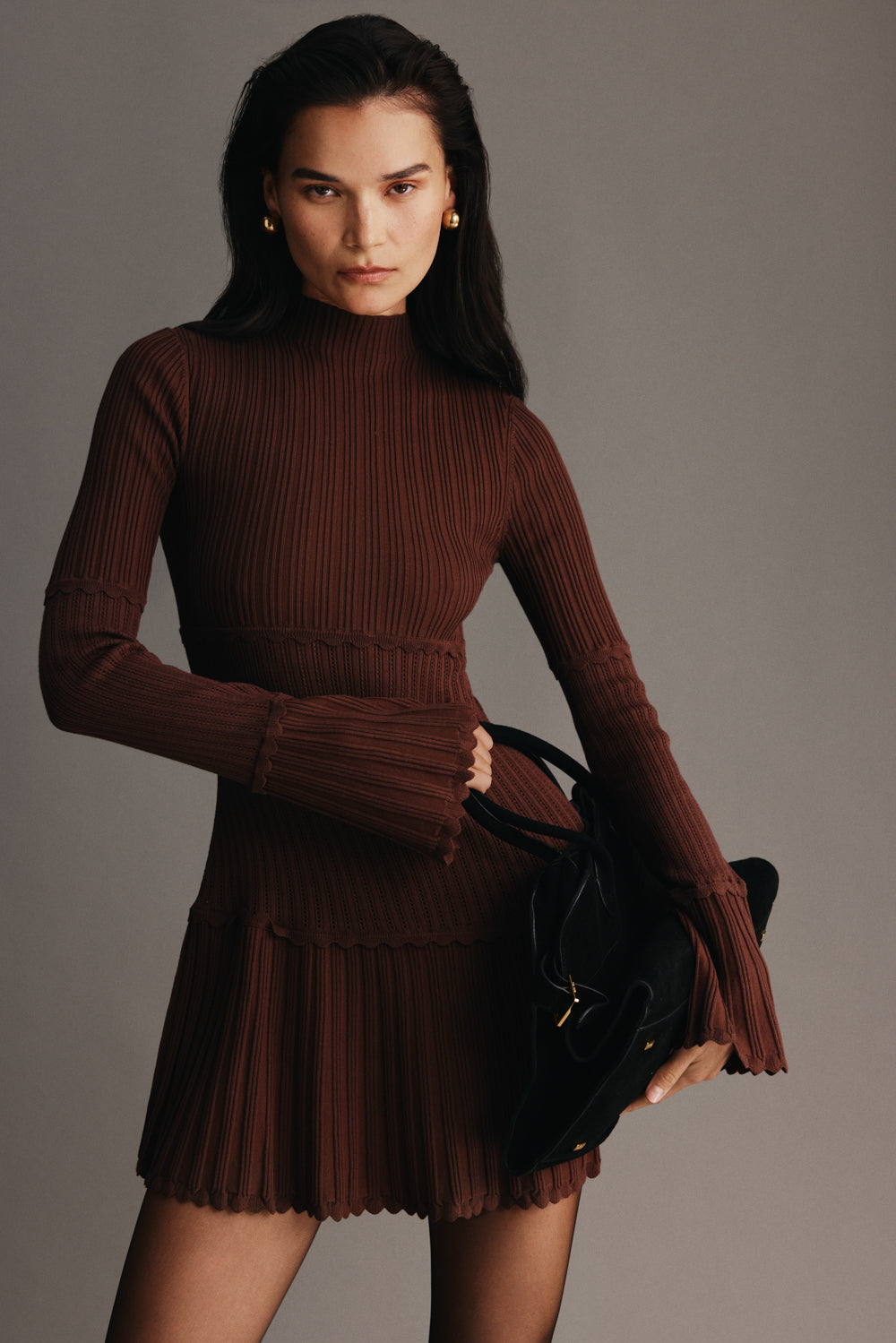 Adena Pointelle Knit Mini Dress - Chocolate - Image 9
