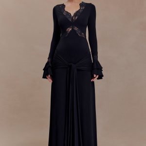 Electra Slinky Lace Maxi Dress - Black