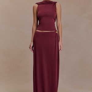 Bridget Slinky Maxi Skirt With Hardware - Burgundy
