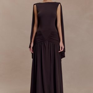 Emory Jersey Cape Maxi Dress - Chocolate