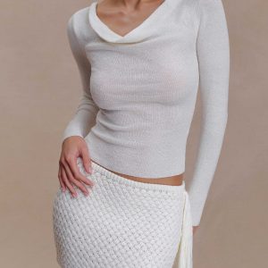 Elowen Knit Cowl Long Sleeve Top - White