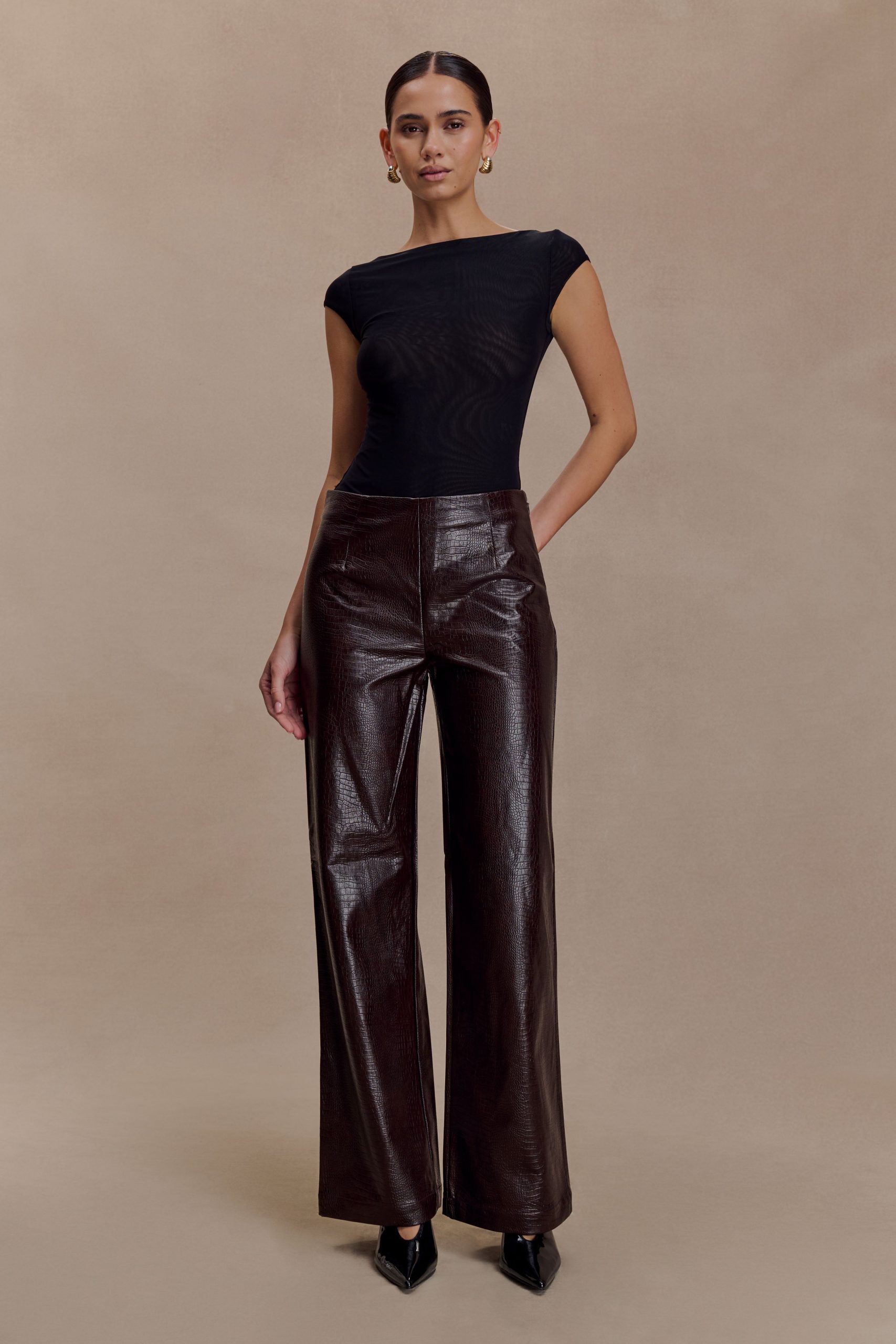 Henry Croc Faux Leather Straight Leg Pants - Dark Chocolate - Image 8