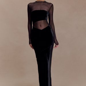 Davina Velvet And Mesh Maxi Dress - Black