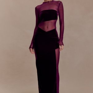 Davina Velvet And Mesh Maxi Dress - Purple