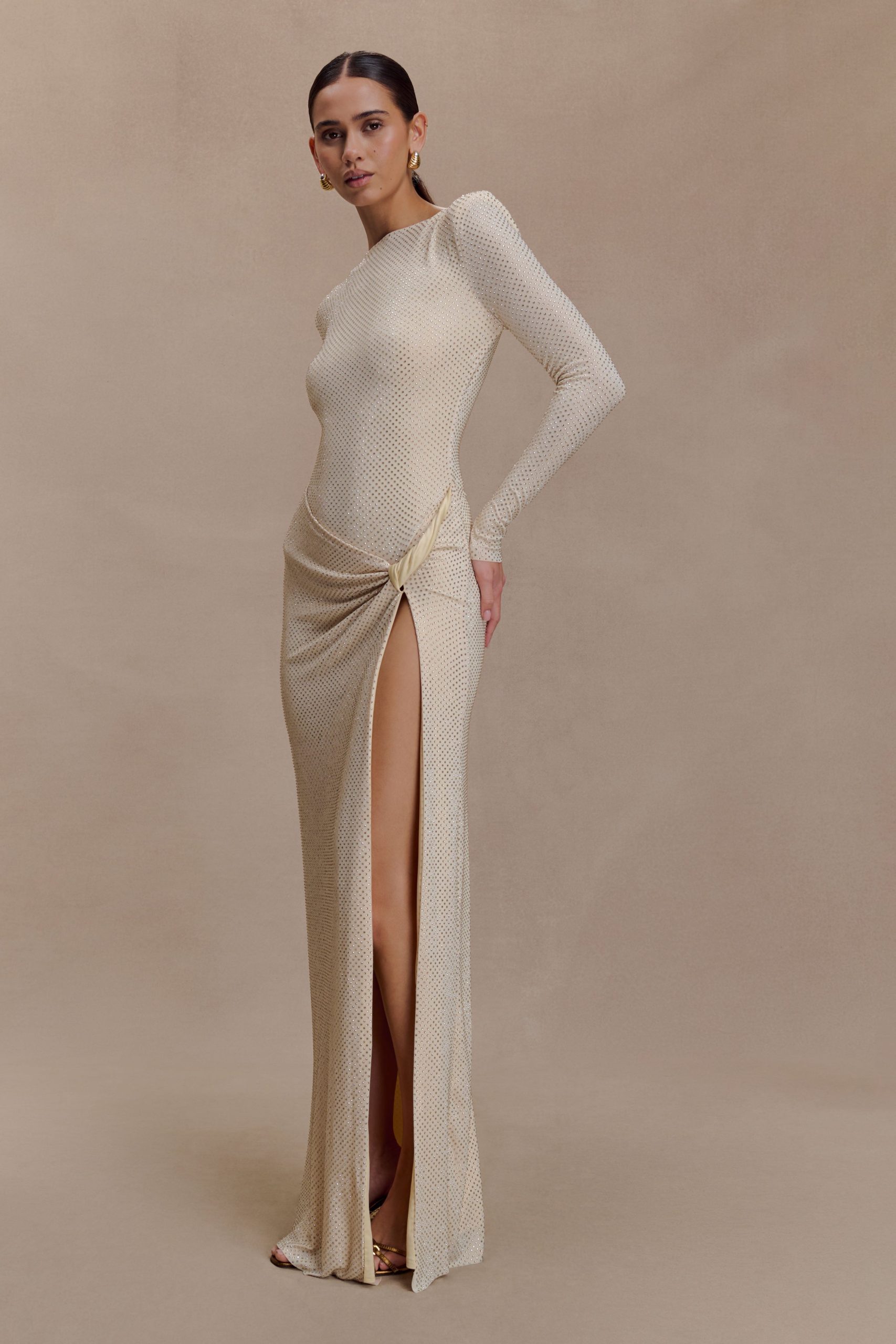 Deanna Long Sleeve Diamante Maxi Dress - Gold - Image 7
