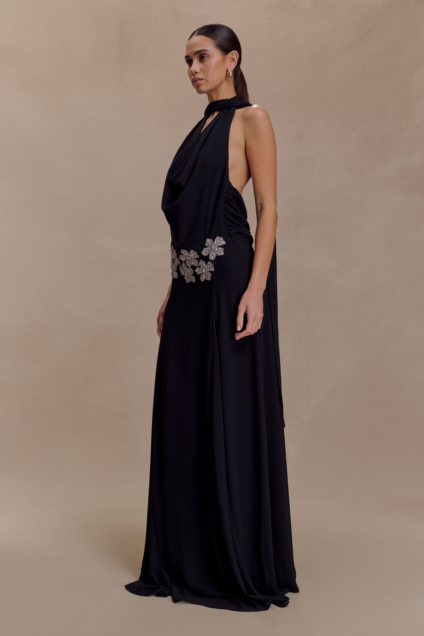 Santal Floral Chiffon Halter Maxi Dress - Black - Image 6