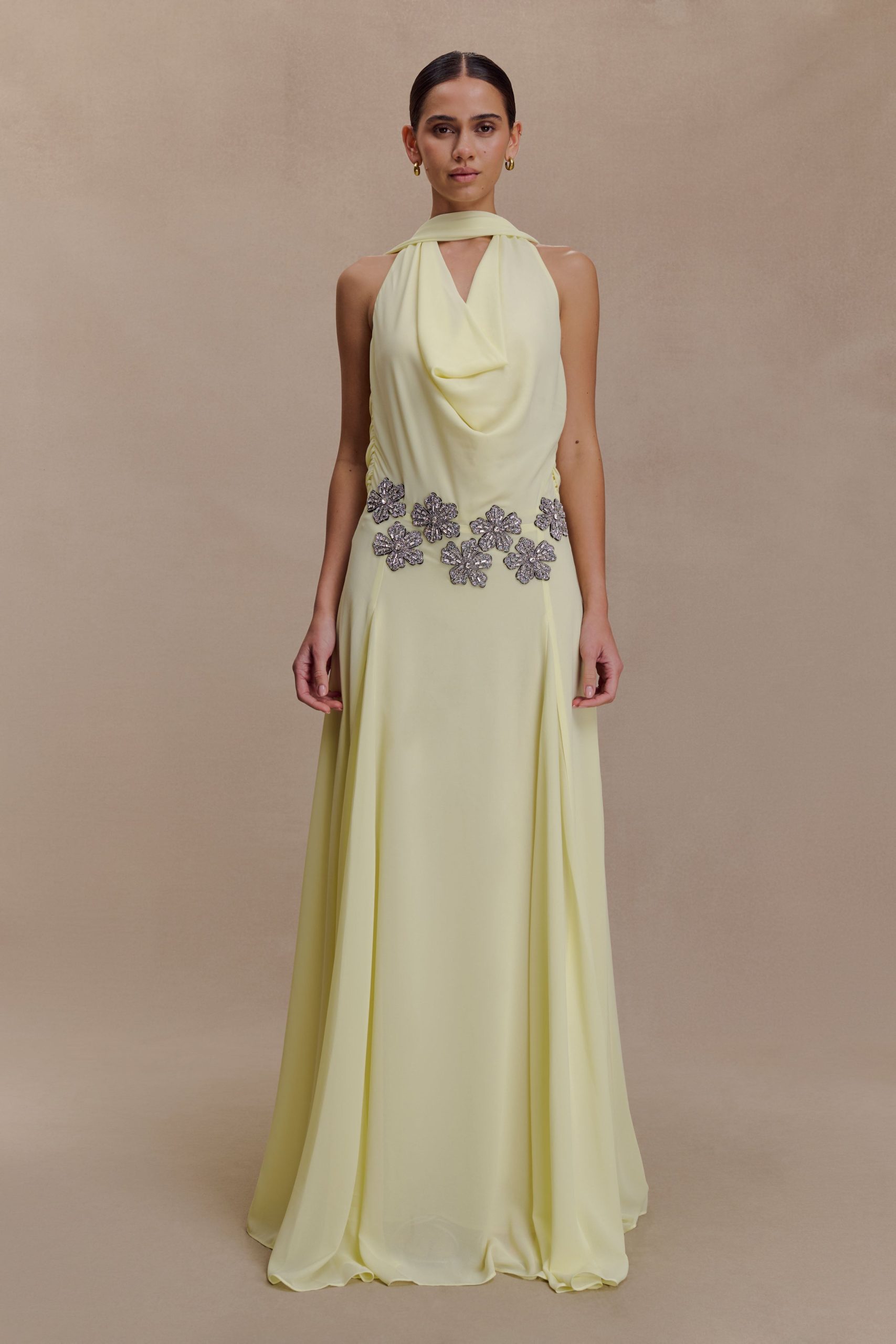 Santal Floral Chiffon Halter Maxi Dress - Lemon - Image 5