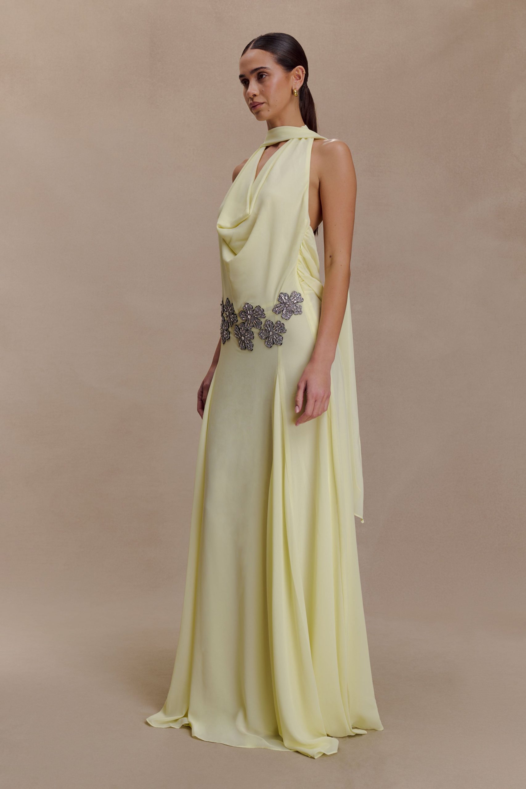 Santal Floral Chiffon Halter Maxi Dress - Lemon - Image 7