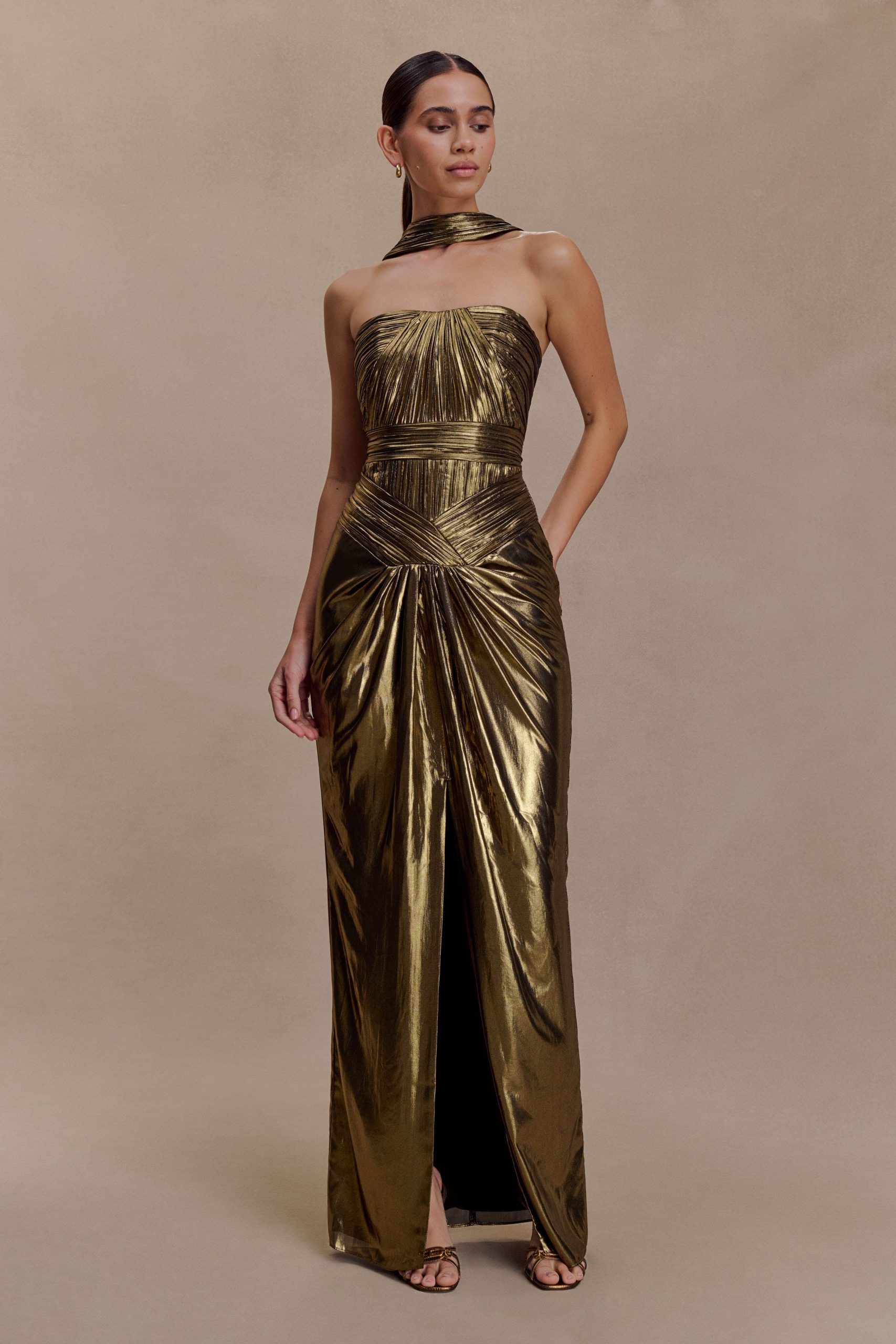 Clemence Plisse Maxi Dress - Gold - Image 9