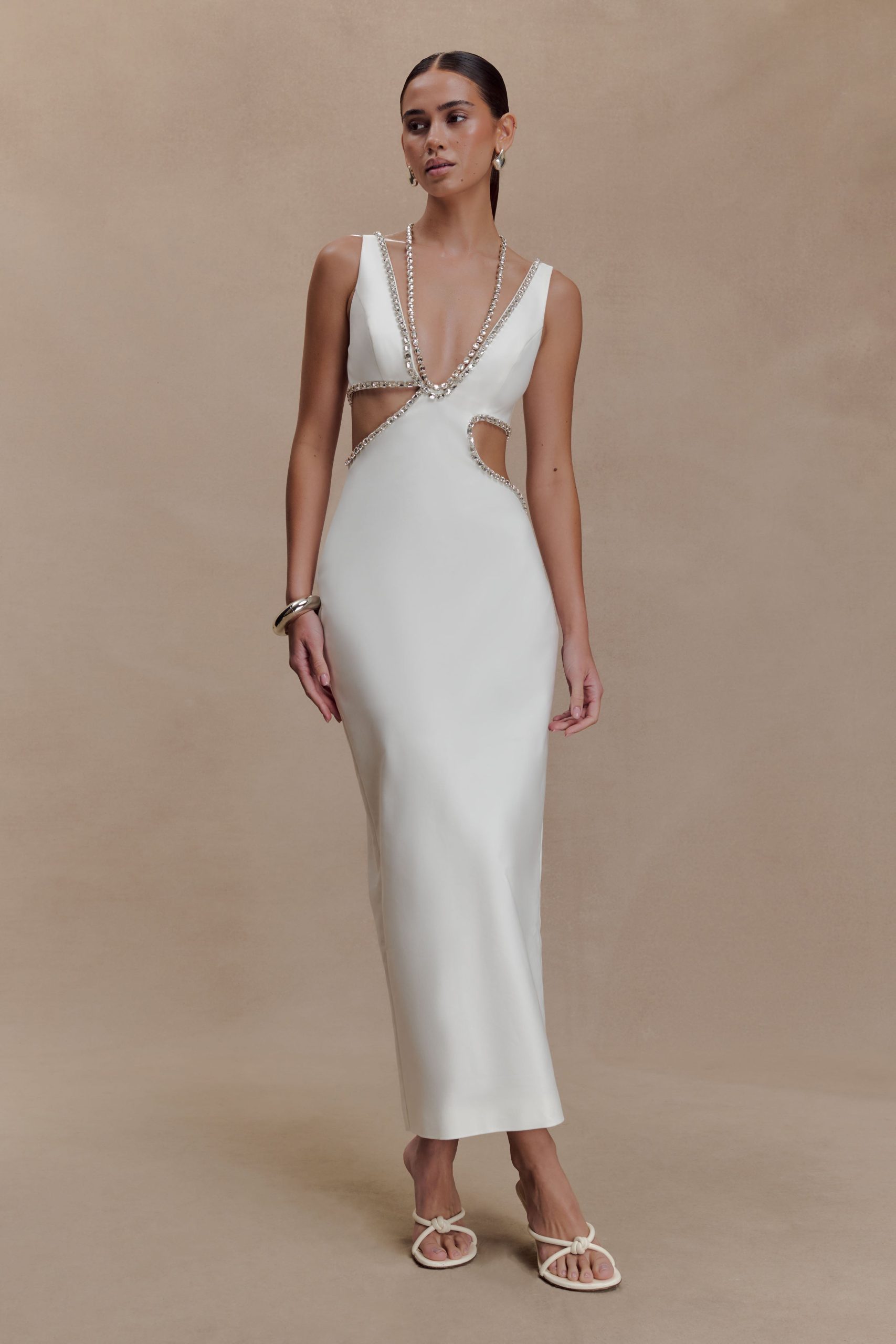 Henny Diamante Trim Cut Out Midi Dress - White - Image 7