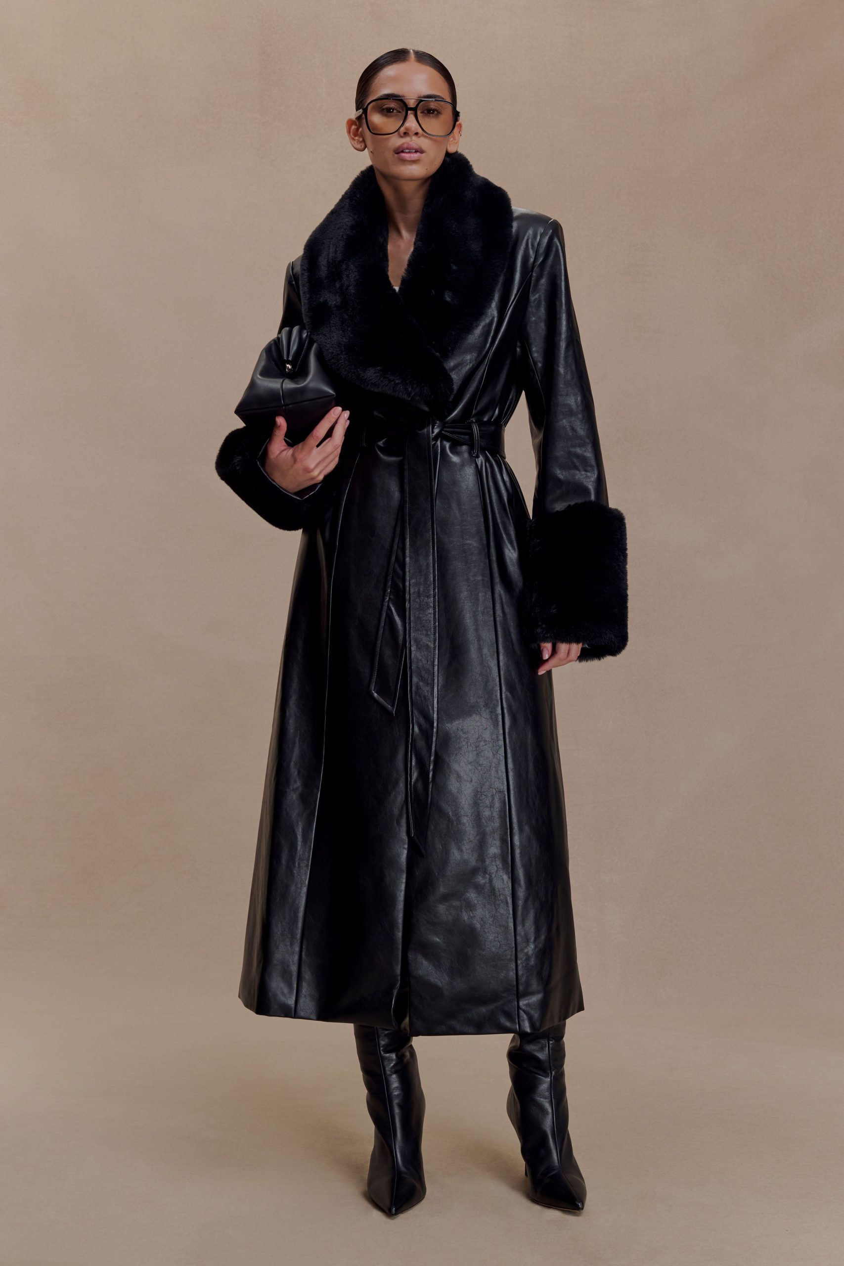 Bec Faux Leather Trench Coat With Faux Fur - Black - Image 6