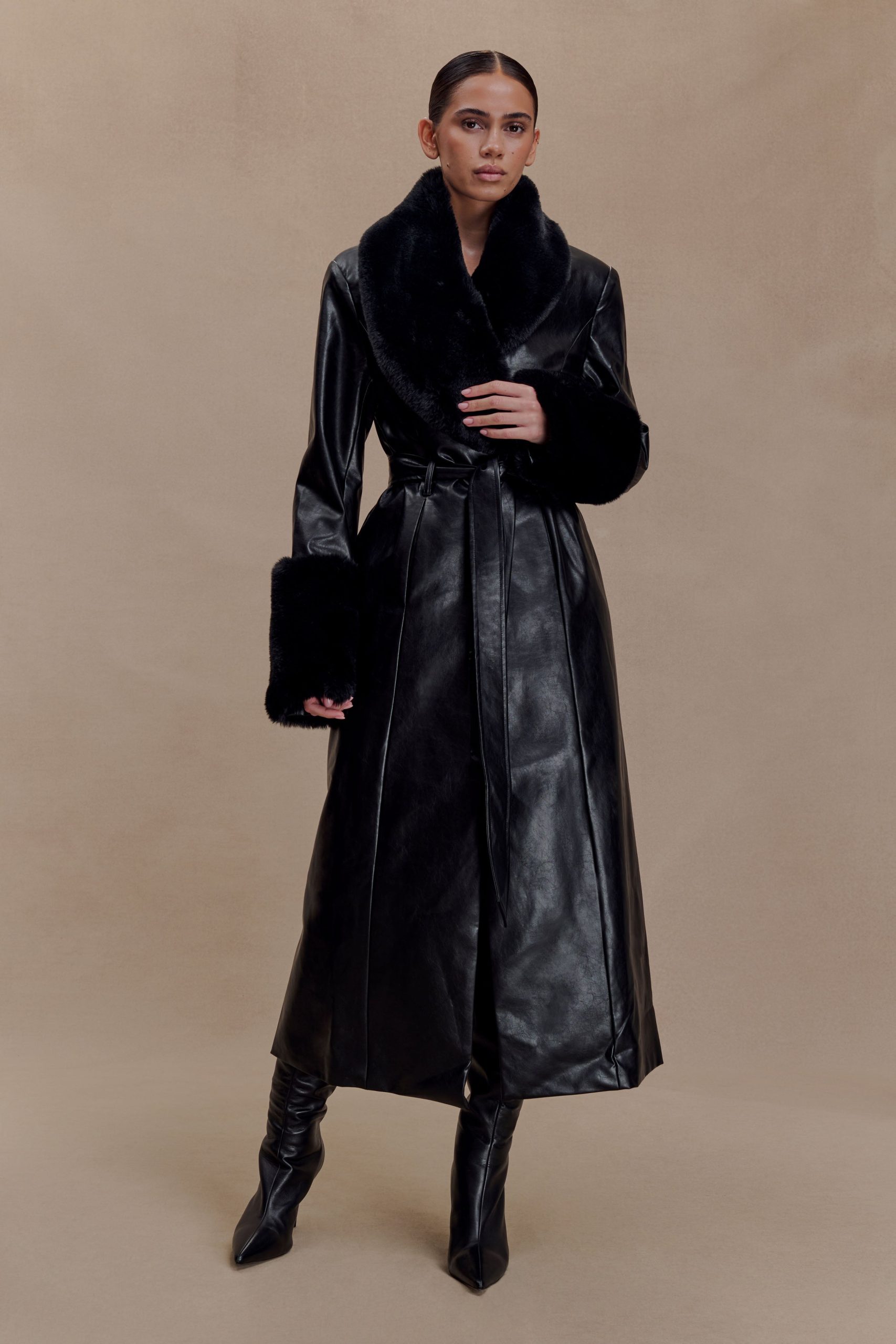 Bec Faux Leather Trench Coat With Faux Fur - Black - Image 5