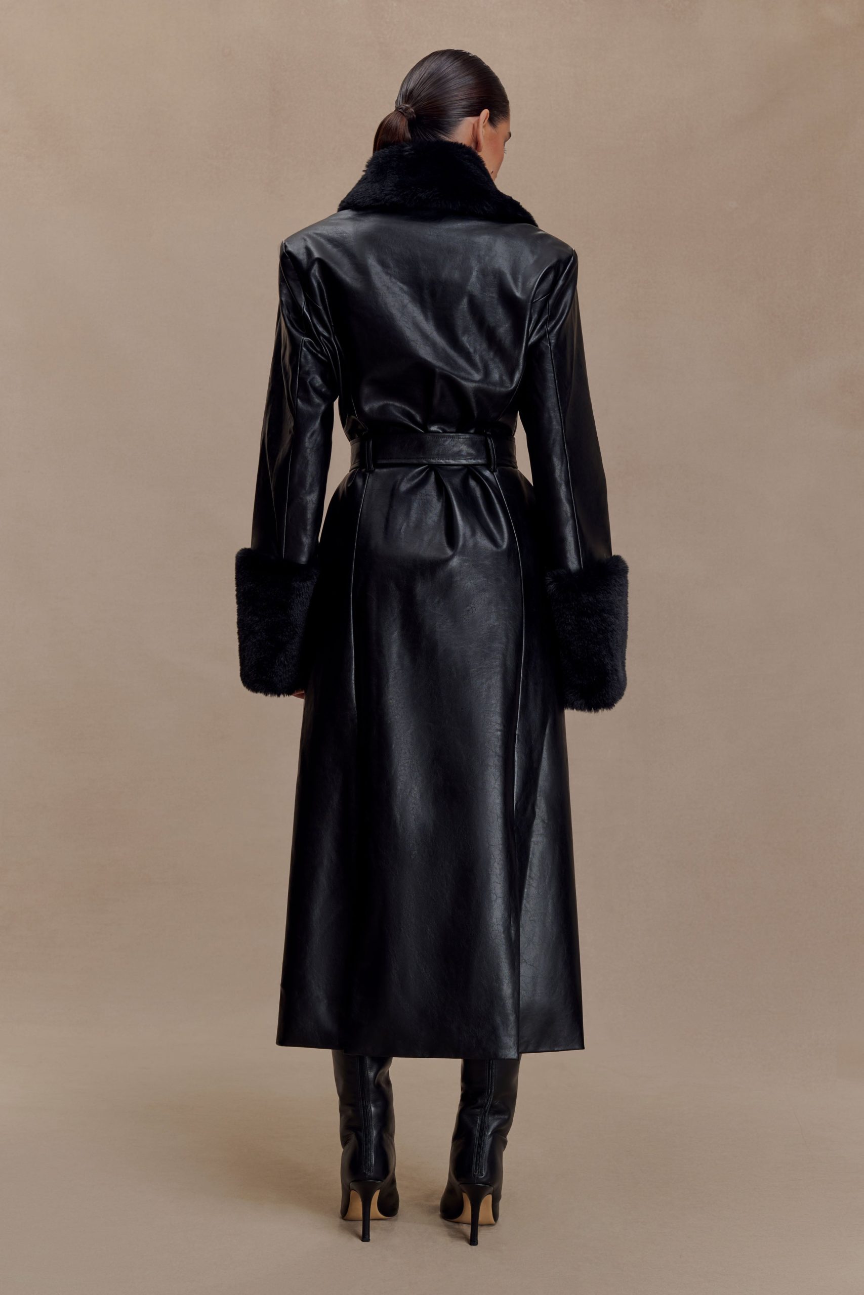 Bec Faux Leather Trench Coat With Faux Fur - Black - Image 2