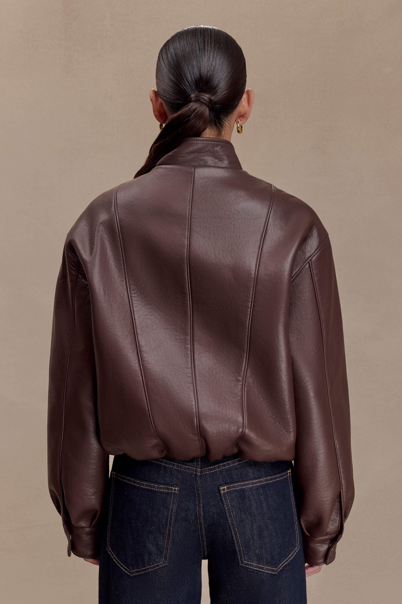Curtis Faux Leather Bomber Jacket - Dark Chocolate - Image 4