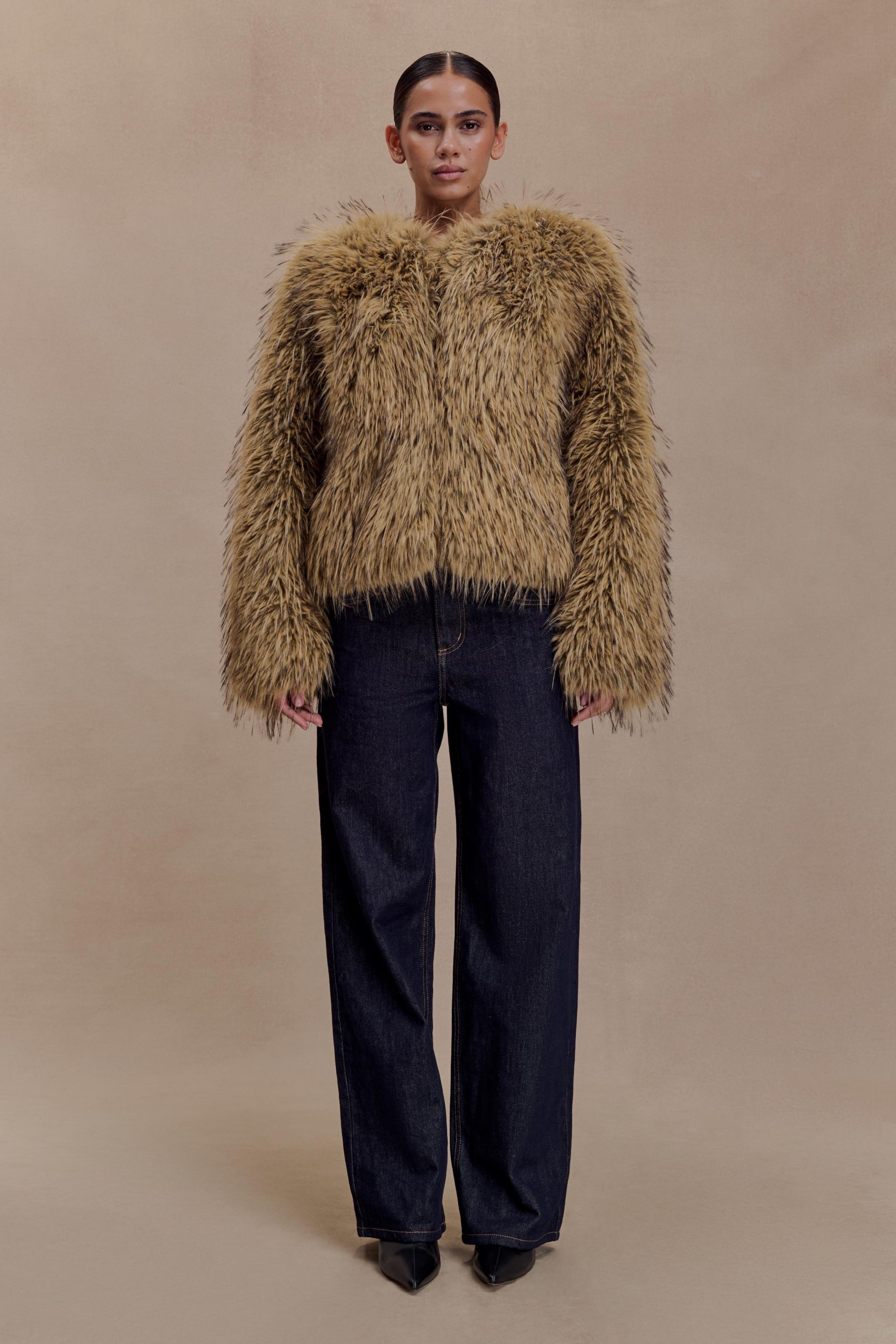 Ottie Mongolian Faux Fur Cropped Jacket - Brown Multi - Image 3