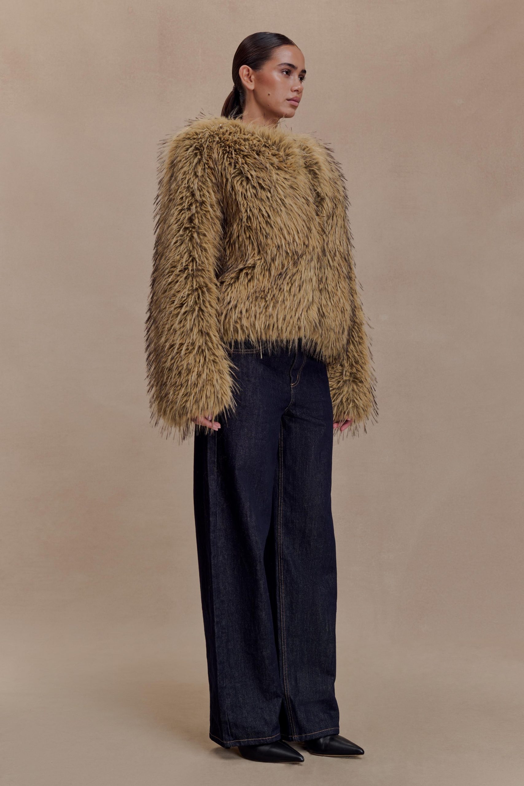 Ottie Mongolian Faux Fur Cropped Jacket - Brown Multi - Image 4