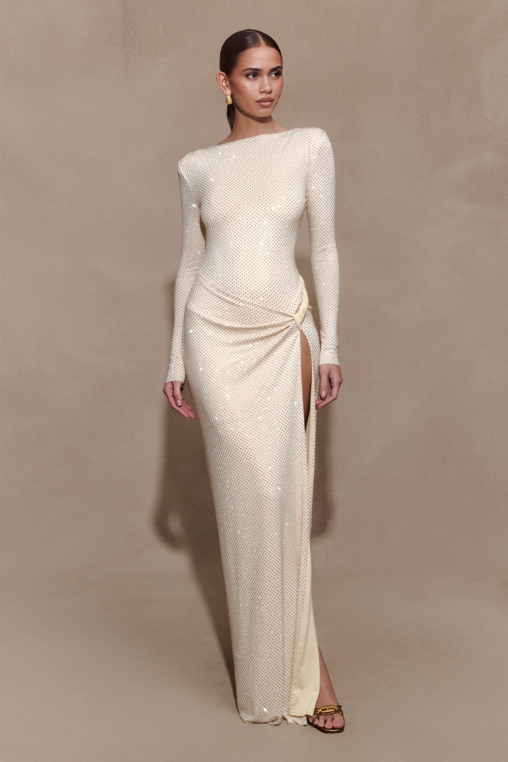 Deanna Long Sleeve Diamante Maxi Dress - Gold - Image 5