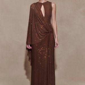 Bakari Diamante Cape Maxi Dress - Chocolate