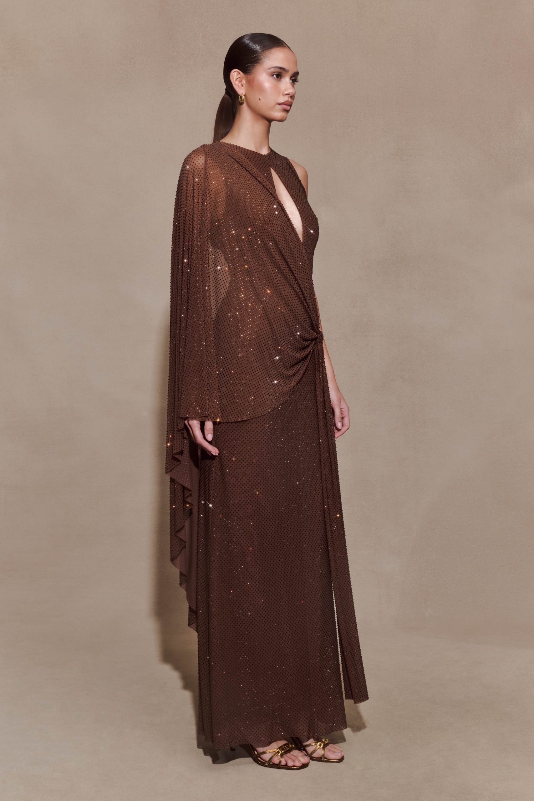 Bakari Diamante Cape Maxi Dress - Chocolate - Image 4
