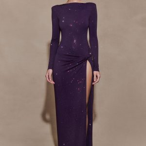 Deanna Long Sleeve Diamante Maxi Dress - Purple