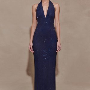 Harriet Halter Neck Diamante Maxi Dress - Navy