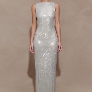 Magnolia Sleeveless Diamante Maxi Dress - Silver