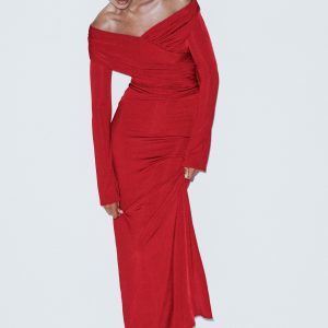 Therese Off Shoulder Ruched Maxi Dress - Red