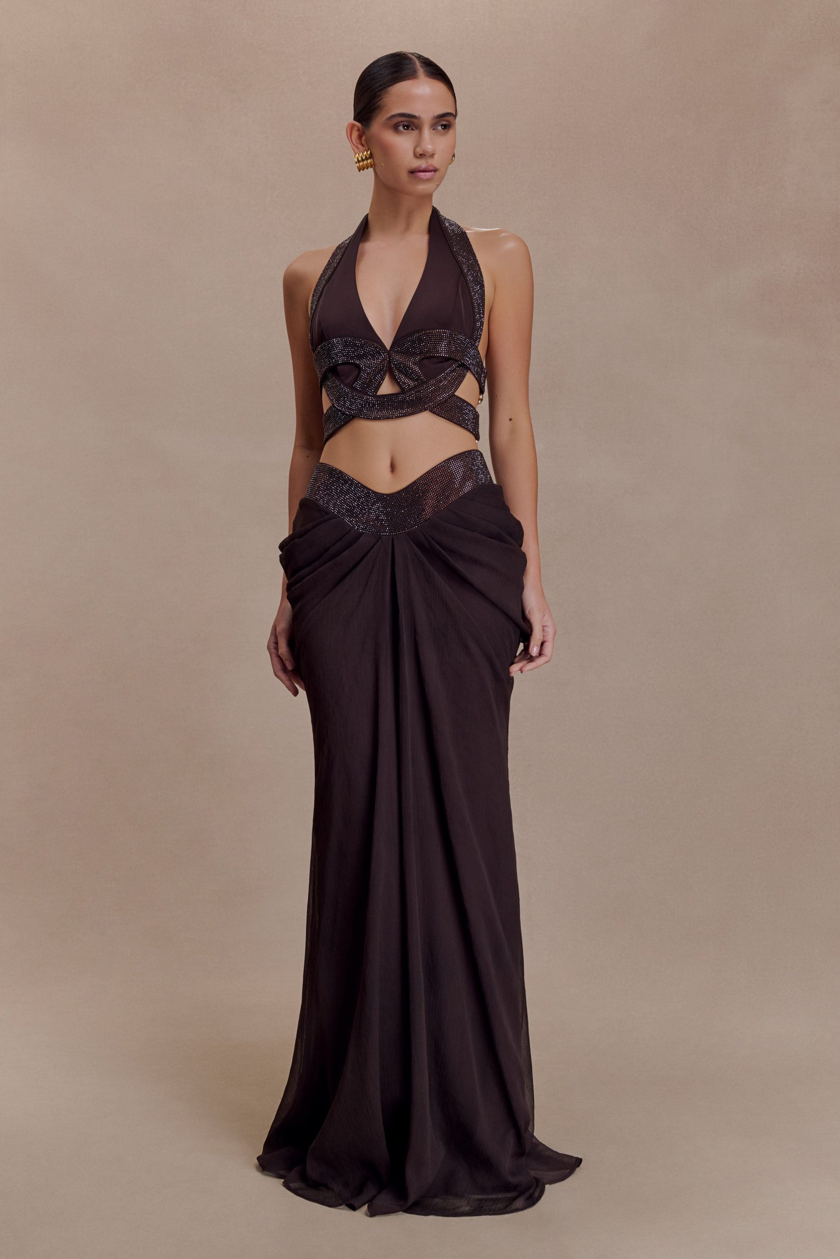 Siren Satin And Diamante Halter Top - Dark Chocolate - Image 5