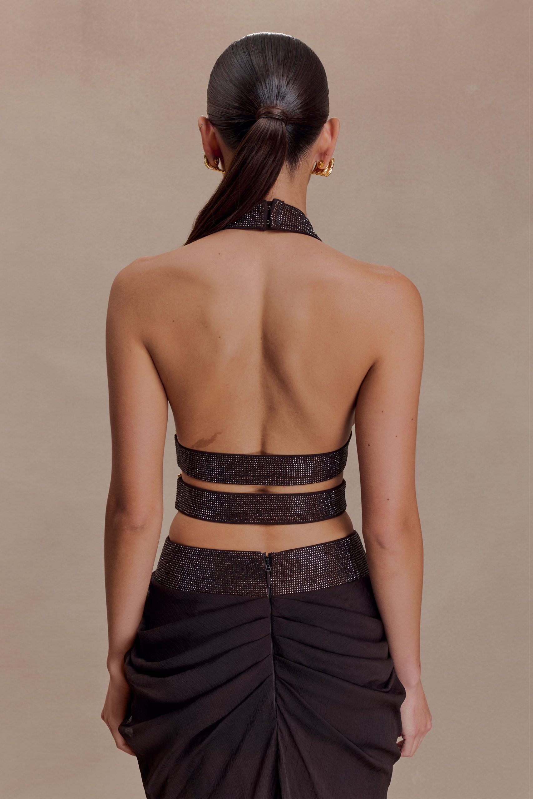 Siren Satin And Diamante Halter Top - Dark Chocolate - Image 4