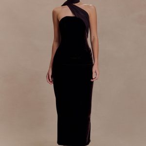 Mattea Velvet Midi Dress With Scarf - Chocolate