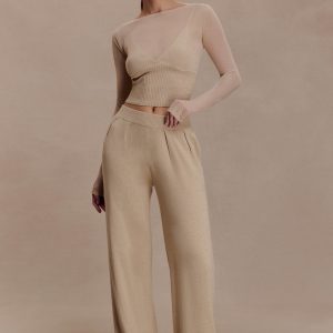 Frannie Gathered Silk Blend Knit Pants - Sand