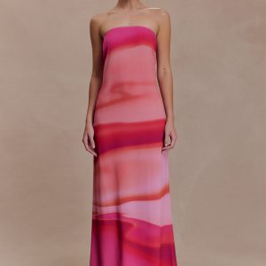 Amaya Strapless Chiffon Maxi Dress - Pink Sunset Print
