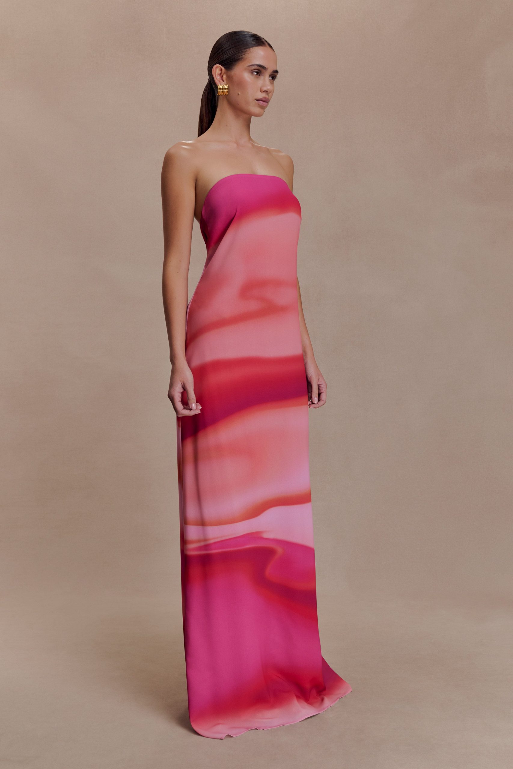 Amaya Strapless Chiffon Maxi Dress - Pink Sunset Print - Image 4