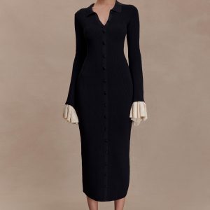 Amirose Ruffle Knit Midi Dress - Black