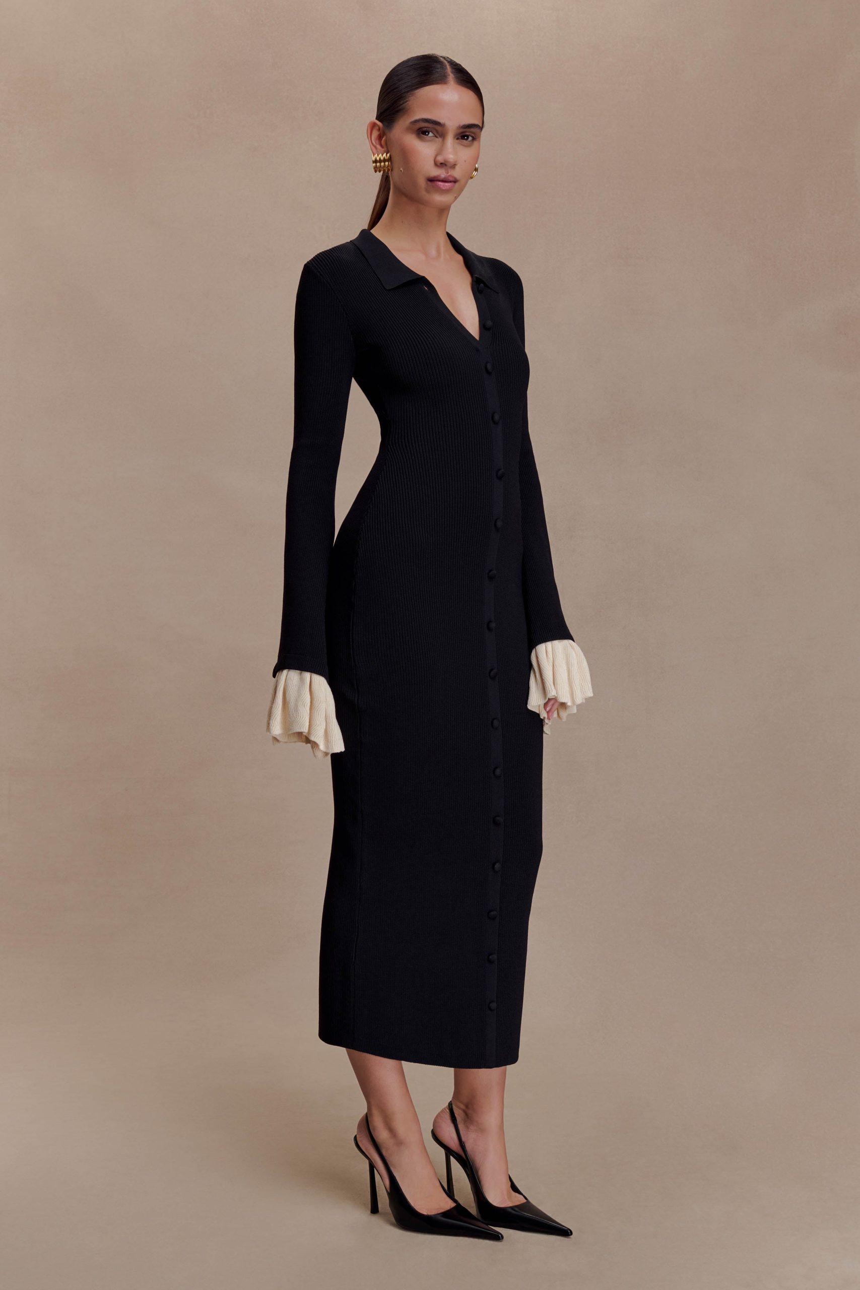 Amirose Ruffle Knit Midi Dress - Black - Image 4